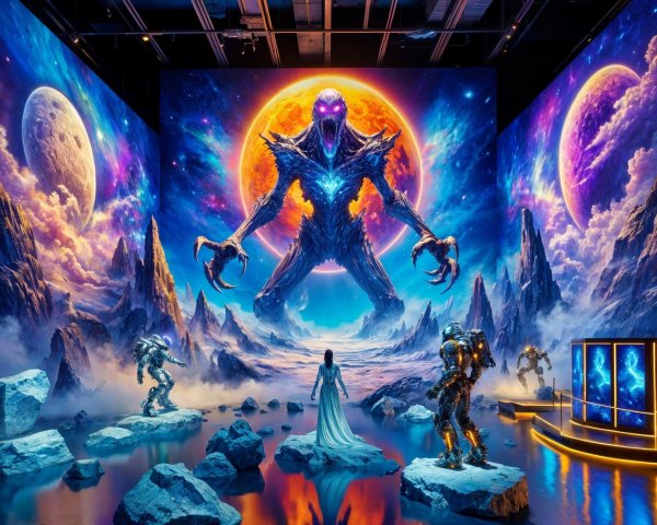 Sci-fi Gallery with Cosmic Landscape and Sculptures
