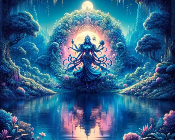 Enchanted Forest with Divine Figure and Serene Lake