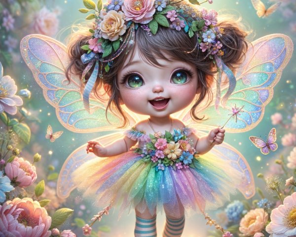 Fairy Child Dancing in a Colorful Garden Setting