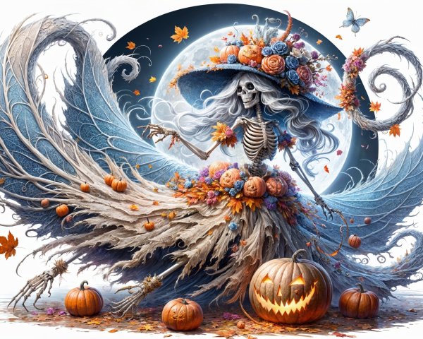 Whimsical Skeleton Figure in Autumn Scene with Moon