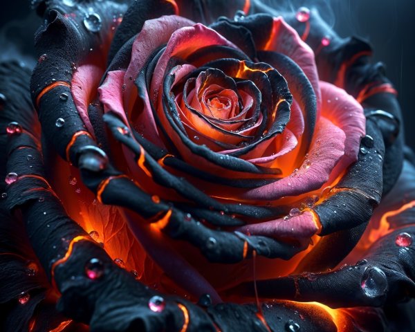 Black and pink rose with orange accents and water droplets