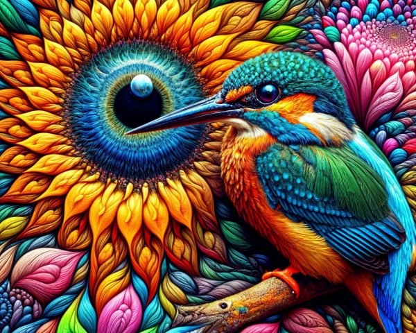 Vibrant Kingfisher Among Colorful Flowers and Patterns