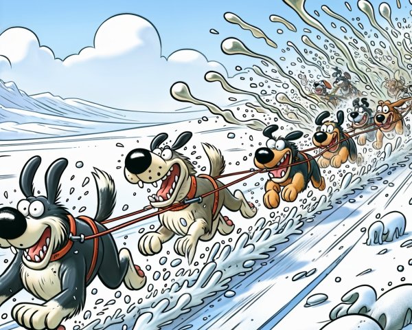 Animated dogs pulling a sled in a snowy landscape