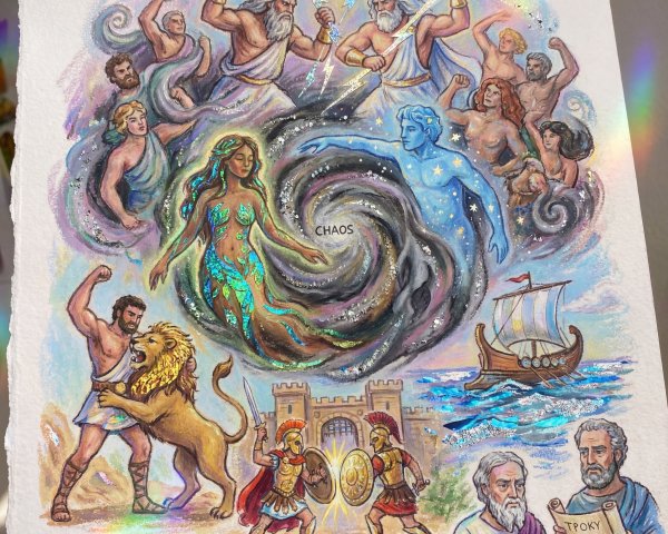Mythological Scenes in Watercolor with Circular Designs