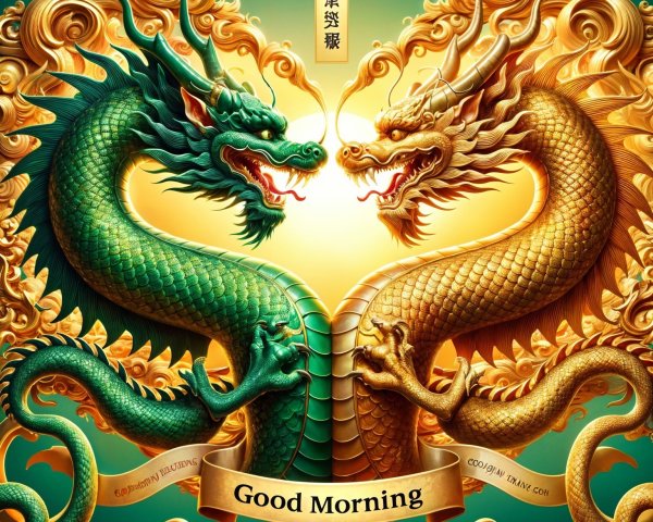 Artistic Dragons in Gold and Green with Positive Banner