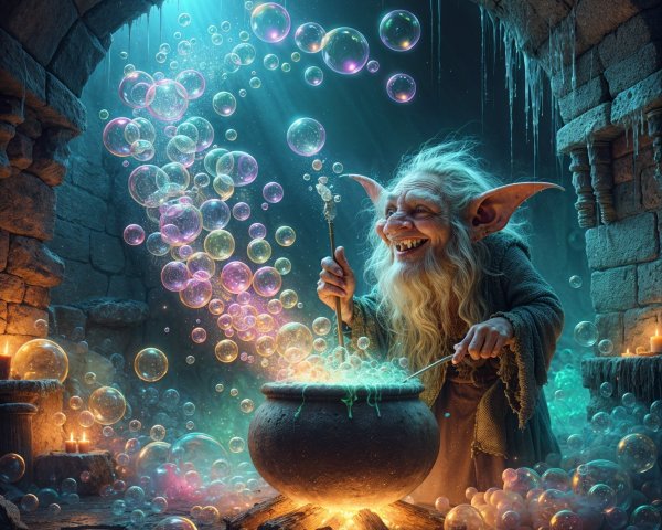 Whimsical Goblin in Enchanted Stone Dungeon Cauldron