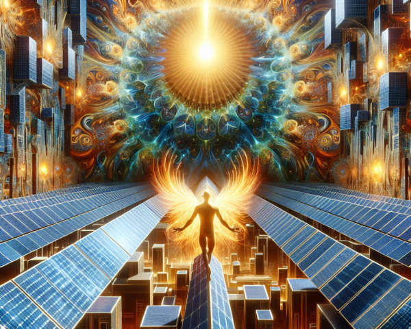 Surreal Landscape with Central Figure and Solar Panels