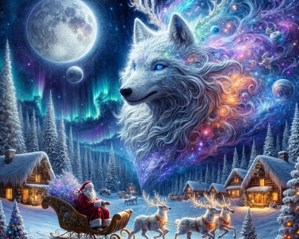 Magical Winter Landscape with Wolf and Santa Sleigh