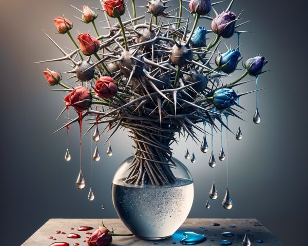 Vibrant Floral Arrangement in Glass Vase with Thorns