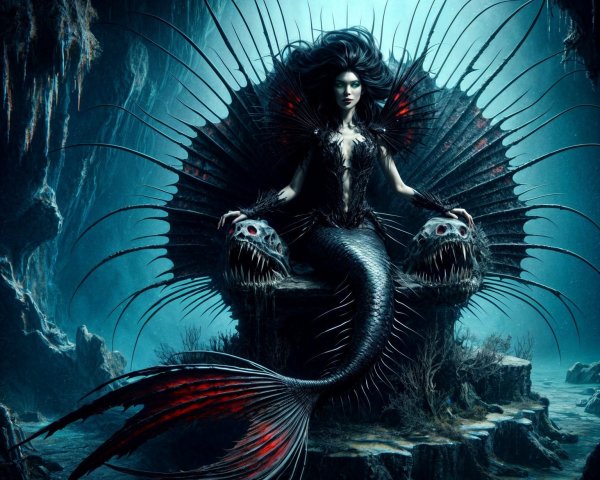 Mythical Mermaid on Throne of Skeletal Fish