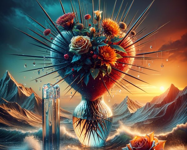 Heart-Shaped Flower Arrangement with Sunset Background