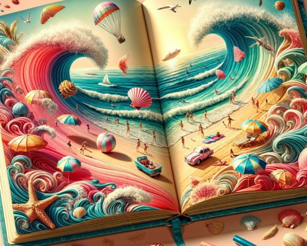 Vibrant Beach Scene Illustrated in Open Book Design