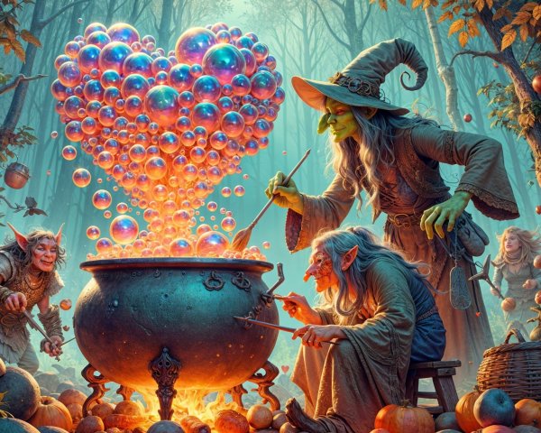 Whimsical Scene of a Witch and Goblins in a Forest