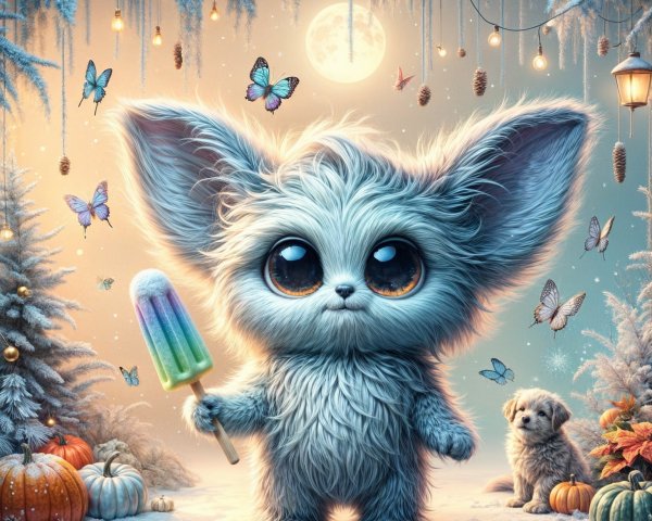 Fluffy Creature in Winter Wonderland with Lanterns