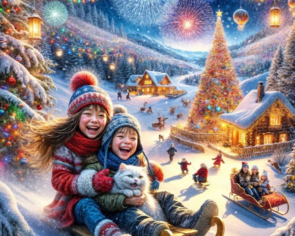 Children Sledding with Cat in a Festive Winter Scene