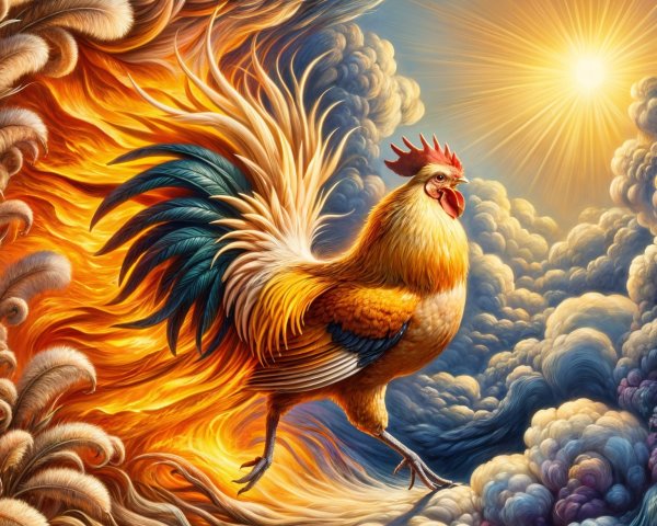 Vibrant Rooster Against Fiery Cloudy Background