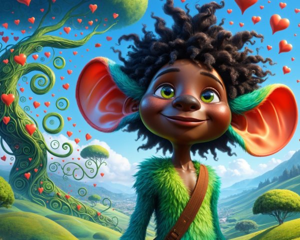 Cheerful creature in vibrant fantasy landscape with hearts