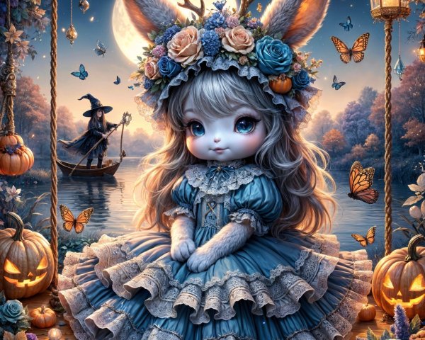 Whimsical Twilight Scene with Doll Figure and Pumpkins