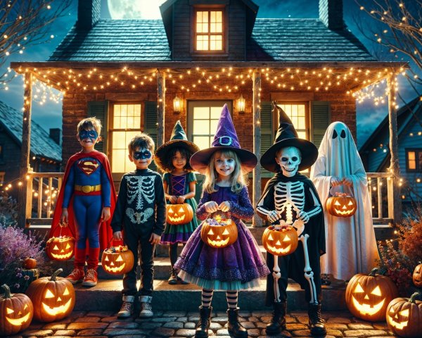 Children in Halloween Costumes on Moonlit Porch