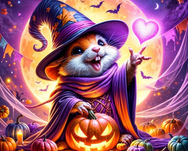 Whimsical Creature in Wizard Hat by Glowing Pumpkin
