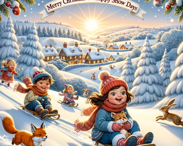Winter Scene with Children Sledding and Festive Atmosphere