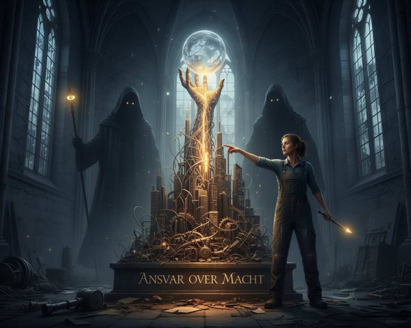 Gothic Cathedral Hall with Metallic City Sculpture