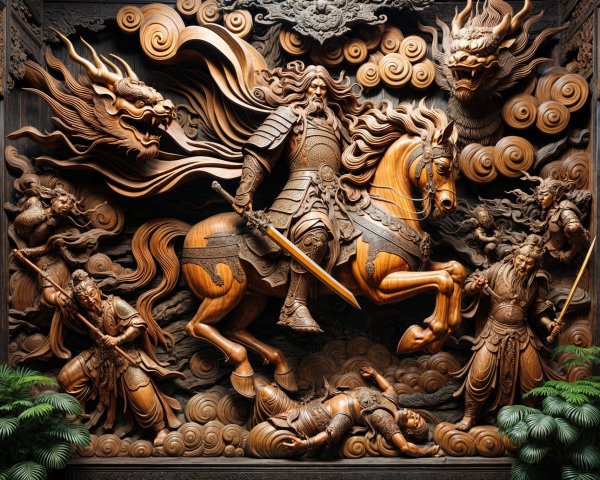Intricate Wood Carving of Warrior with Dragons and Soldiers