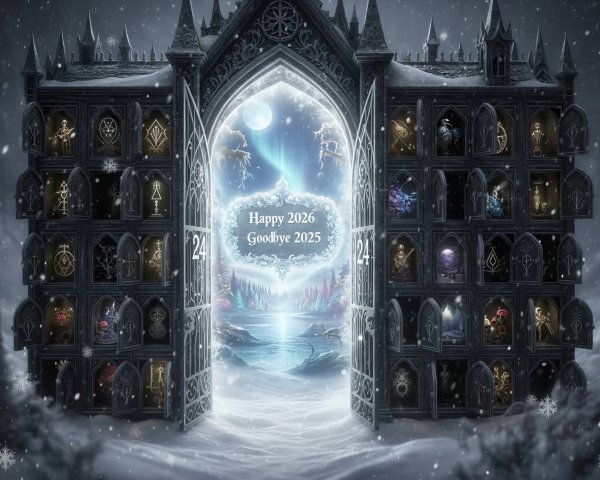 Adventure calendar with magical portal in snowy landscape