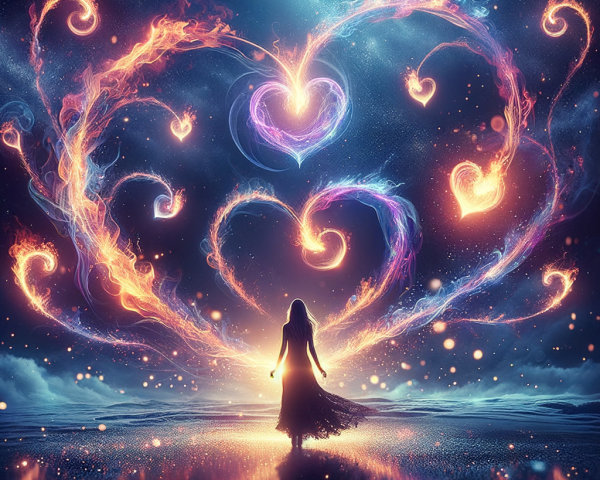 Mystical Woman on Shore with Dancing Hearts at Night