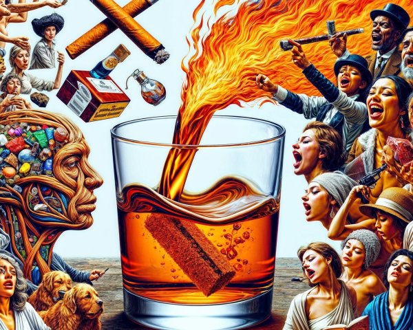 Glass of Amber Liquid with Diverse Emotional Figures