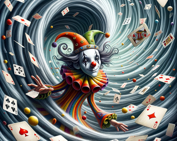 Whimsical clown with playing cards in a swirling vortex