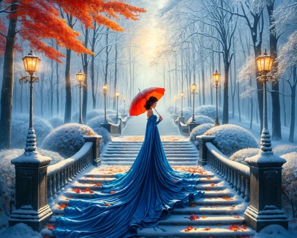 Winter Scene with Woman in Blue Gown and Umbrella