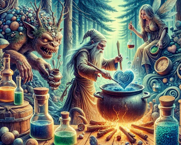 Elderly wizard brews potion with fairy in mystical forest