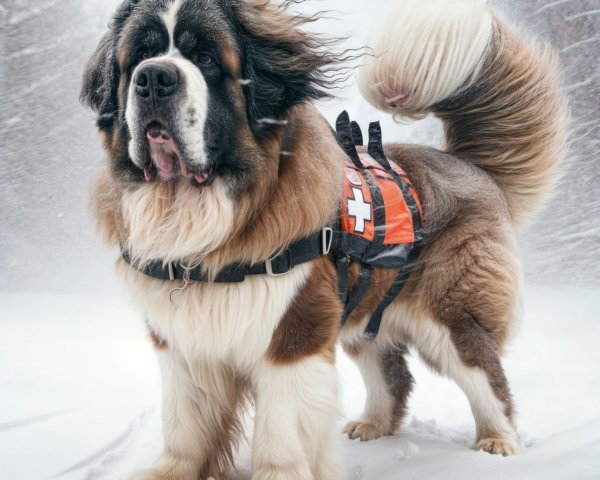 St. Bernard in Snowy Landscape with Rescue Vest
