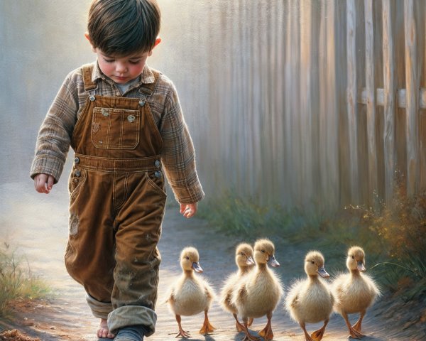 Young Boy with Ducklings on a Dirt Path in Morning Light
