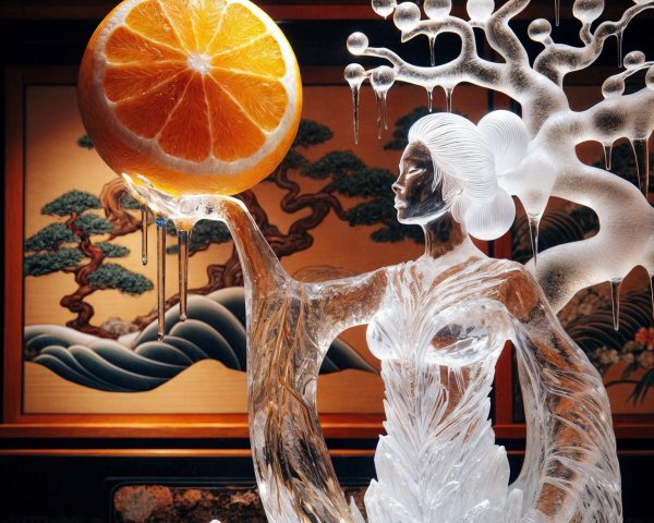 Elegant Ice Sculpture of Woman with Orange Slice