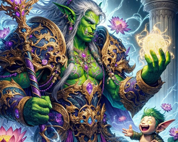 Green-Skinned Orc with Magical Staff and Goblin Companion