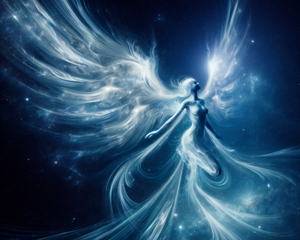 Celestial Figure with Ethereal Wings in Cosmic Setting