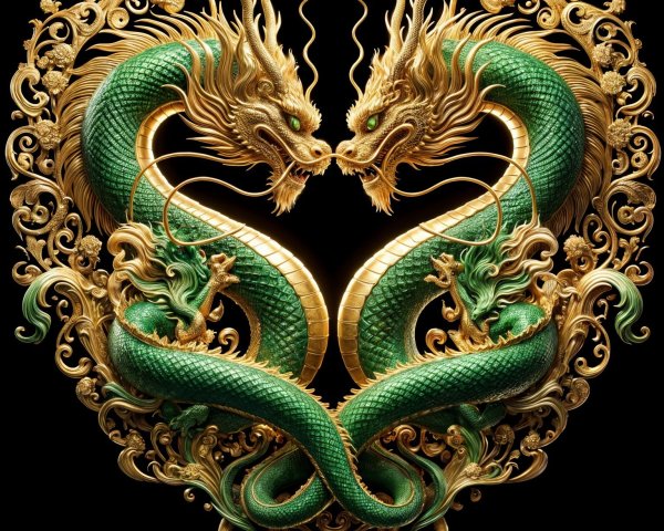 Intricate Dragons Forming Heart Shape with Floral Motifs