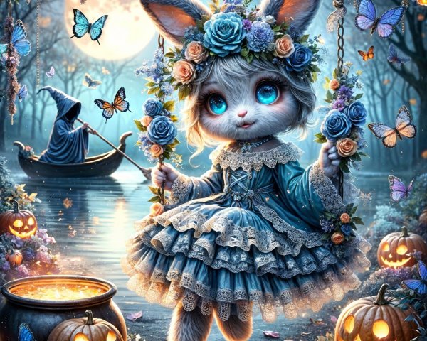 Whimsical Moonlit Scene with Bunny Girl and Halloween Elements