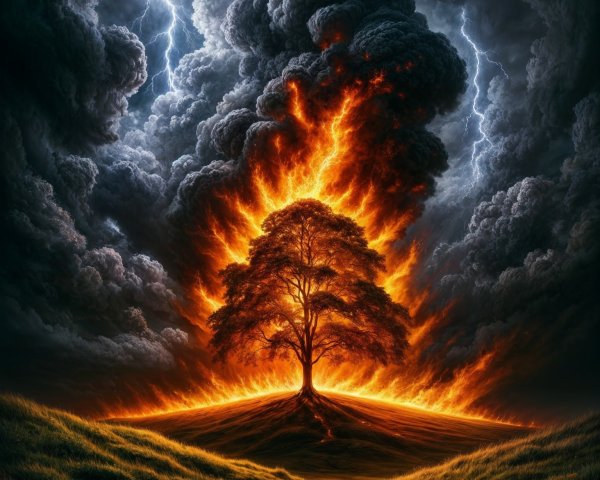 Tree on Hill Surrounded by Flames and Storm Clouds