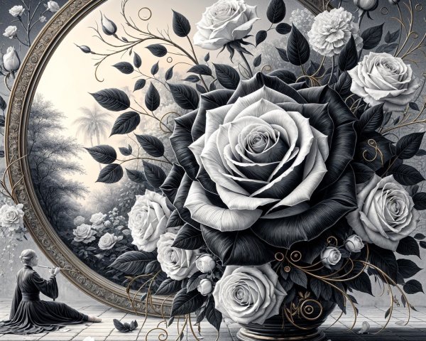 Monochrome Artwork of Roses with Nature Reflection