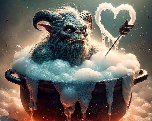 Fantastical creature in a cauldron with bubbles and steam
