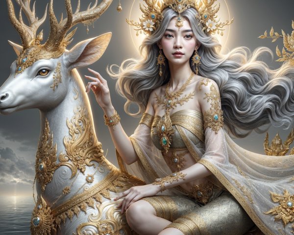 Regal figure on ornate deer in mystical setting