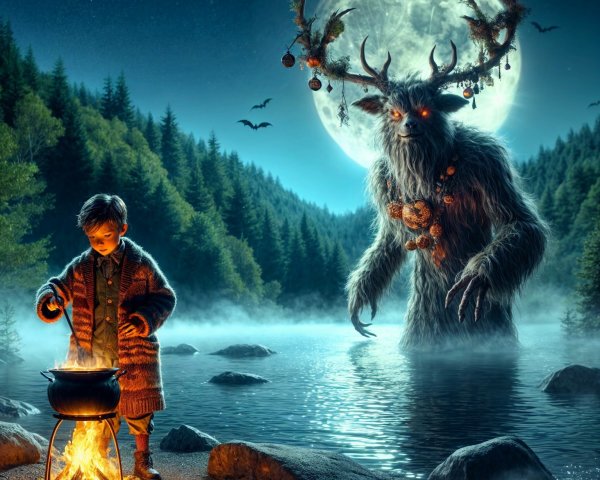 Mystical Forest Scene with Boy and Mythical Creature