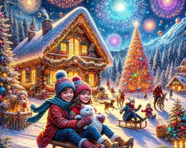 Winter Scene with Children, Cat, and Festive Decor