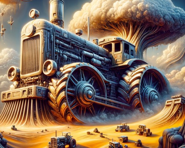 Surreal Landscape with Oversized Tractor and Clouds