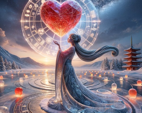 Serene figure on frozen lake with glowing heart and lanterns