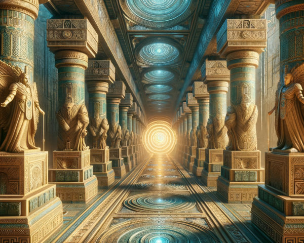 Ancient Hallway with Ornate Columns and Sculptures