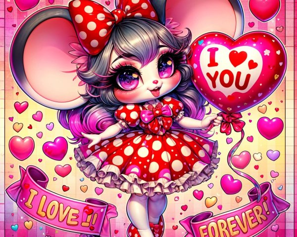 Chibi Mouse Girl with Heart Balloon and Colorful Background